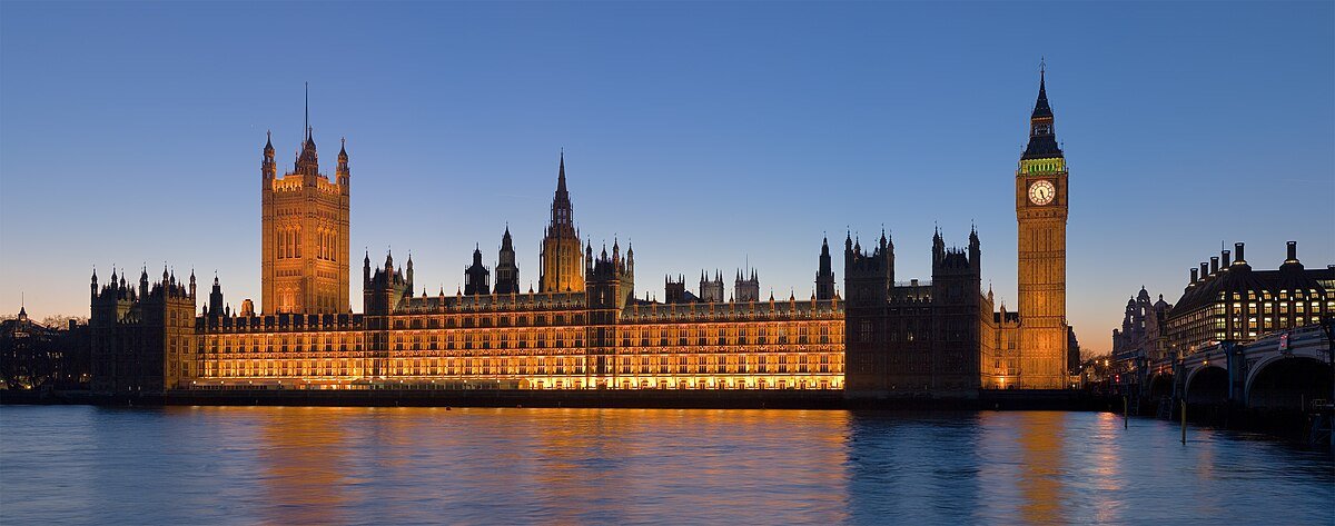 Palace of Westminster, UK Parliament, at night from the south bank of the Thames, February 2007